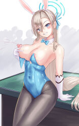Rule 34 | 1girl, animal ears, asuna (blue archive), asuna (bunny) (blue archive), blue archive, blue eyes, blue leotard, breasts, commentary request, crowd, fake animal ears, gloves, grey hair, grin, halo, highres, lactation, large breasts, leotard, looking at viewer, menmon, multiple others, nipples, pantyhose, playboy bunny, puffy nipples, rabbit ears, ribbon, smile, solo focus, table, white gloves
