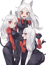 Rule 34 | 3girls, animal ears, armlet, business suit, cerberus (helltaker), demon girl, demon tail, dress shirt, epi zero, facing another, facing to the side, facing viewer, formal, gloves, hand on another&#039;s stomach, hand on another&#039;s thigh, helltaker, highres, holding hands, long hair, looking at viewer, multiple girls, necktie, parted bangs, red eyes, red shirt, shirt, simple background, smile, suit, tail, waistcoat, white background, white hair