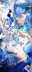 1girl absurdres arm_up armlet armpits blue_hair blue_veil breasts bug butterfly colored_eyelashes commentary_request dress highres insect jewelry large_breasts long_hair looking_at_viewer multiple_views parted_lips partial_commentary purple_eyes shorekeeper_(wuthering_waves) short_dress sleeveless sleeveless_dress thighs veil white_dress white_veil wuthering_waves yushe_quetzalli