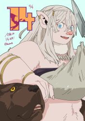 Rule 34 | 1girl, animal ears, blue background, blue eyes, bone armor, dog, dungeon meshi, earclip, earrings, fangs, female orc, gold bracelet, hair between eyes, highres, jewelry, leed (dungeon meshi), long hair, looking at viewer, messy hair, monster girl, necklace, orc, pet, pig ears, pig girl, pig nose, plump, pointy ears, promotional art, sideways glance, simple background, single earring, solo, tamura eimi, tooth necklace, twitter username, upper body, warg, white hair