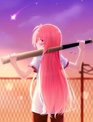 Rule 34 | 1girl, absurdres, ahoge, angel beats!, artist name, backlighting, baseball bat, blurry, blurry background, blush, closed mouth, commentary, cowboy shot, felixkohai, fence, from behind, gym uniform, hair down, hands up, highres, holding, holding baseball bat, long hair, looking at viewer, looking back, official alternate costume, pink eyes, pink hair, profile, shirt, shooting star, short sleeves, sideways glance, solo, straight hair, twilight, very long hair, w arms, white shirt, yui (angel beats!)
