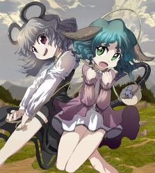 Rule 34 | 2girls, animal ears, basket, capelet, cloud, collar, dress, female focus, green eyes, green hair, grey hair, highres, kasodani kyouko, leash, mouse (animal), mouse ears, mouse tail, multiple girls, nazrin, open mouth, red eyes, short hair, smile, syope, tail, touhou