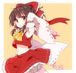 Rule 34 | 1girl, armpits, ascot, bare shoulders, border, bow, brown eyes, brown hair, collared shirt, commentary request, cowboy shot, detached sleeves, frilled bow, frilled shirt collar, frilled skirt, frills, hair bow, hair tubes, hakurei reimu, houshou marine (artist), looking at viewer, nontraditional miko, ofuda, orange background, outside border, petticoat, print bow, print skirt, red bow, red shirt, red skirt, shirt, sidelocks, skirt, skirt set, sleeveless, sleeveless shirt, solo, touhou, white border, yellow ascot