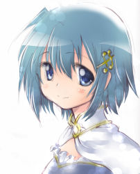 Rule 34 | 10s, 1girl, blue eyes, blue hair, cape, fortissimo, hair ornament, hairclip, magical girl, mahou shoujo madoka magica, mahou shoujo madoka magica (anime), mahou shoujo madoka magica movie 1 &amp; 2, matching hair/eyes, miki sayaka, musical note, musical note hair ornament, nakasawa kei, simple background, smile, solo, upper body, white background