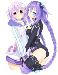 Rule 34 | 10s, 2girls, ass, asymmetrical docking, blue eyes, blush, braid, breast press, breasts, cleavage, cleavage cutout, clothing cutout, cowboy shot, crossed legs, d-pad, double vertical stripe, drawstring, dual persona, female focus, flat chest, flipped hair, from side, gloves, hair ornament, highres, holding hands, hood, hood down, hoodie, interlocked fingers, jewelry, leotard, light purple hair, long hair, long sleeves, looking at viewer, looking back, magical girl, medium breasts, multiple girls, neck ring, neon trim, neptune (neptunia), neptune (series), parted lips, power symbol, power symbol-shaped pupils, puchiman, purple eyes, purple hair, purple heart (neptunia), short hair, sidelocks, simple background, small breasts, symbol-shaped pupils, thighhighs, turtleneck, twin braids, twintails, usb, very long hair, white background, yuri