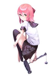 Rule 34 | 1girl, absurdres, amputee, barefoot, black skirt, black thighhighs, blush, bow, breasts, closed mouth, commentary request, doll, from behind, full body, hair between eyes, hair bow, hammer, highres, holding, holding hammer, hukahito, knee up, looking at viewer, looking back, medium hair, miniskirt, missing limb, no shoes, original, pink hair, pleated skirt, sailor collar, school uniform, serafuku, shirt, short sleeves, simple background, single thighhigh, skirt, small breasts, smile, solo, string, tagme, thighhighs, white background, white shirt, yellow eyes