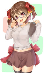 Rule 34 | 1girl, adjusting eyewear, black thighhighs, brown hair, chiroshiron, clipboard, cowboy shot, glasses, highres, long sleeves, looking at viewer, open mouth, original, red eyes, shirt, skirt, smile, solo, thighhighs, thighs, twintails, zettai ryouiki