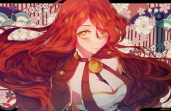 Rule 34 | 1girl, abstract background, arm ribbon, armor, artist name, blush, breasts, cleavage, closed mouth, collar, commentary, commission, english commentary, english text, eyelashes, eyeshadow, floral background, gold trim, hoshi-pan, large breasts, long hair, looking at viewer, loose hair strand, makeup, neck ribbon, original, painttool sai (medium), pauldrons, red collar, red eyeshadow, red hair, red ribbon, ribbon, shirt, shoulder armor, sleeveless, sleeveless shirt, smile, upper body, wavy hair, white shirt, yellow eyes
