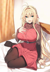 Rule 34 | 1girl, :d, antenna hair, apron, belt, black pantyhose, blonde hair, breasts, brown sweater, commentary request, curtains, green eyes, hair between eyes, indoors, large breasts, long hair, looking at viewer, on bed, open mouth, pantyhose, red apron, ribbed sweater, sitting, smile, solo, sweater, tsurumaki maki, voiceroid, yappen
