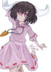 Rule 34 | 1girl, absurdres, alternate eye color, animal ears, ano cia 1954, arm up, barefoot, brown hair, carrot necklace, closed mouth, commentary, dress, floppy ears, frilled dress, frilled sleeves, frills, full body, highres, inaba tewi, jewelry, jumping, looking at viewer, necklace, pink dress, pink eyes, rabbit ears, ribbon-trimmed dress, short hair, short sleeves, signature, simple background, smile, solo, touhou, white background