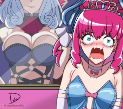 Rule 34 | 2girls, against glass, annoyed, bare shoulders, blue dress, blush, breast press, breasts, breasts on glass, car interior, carmilla (fate), dress, elizabeth bathory (fate), elizabeth bathory (fate/extra ccc), fate/grand order, fate (series), flat chest, frown, head out of frame, highres, large breasts, meme, multiple girls, o-ring, open mouth, pink hair, romulproduce, scared, screaming, sleeveless, tiara, white hair, woman scared of breasts (meme)
