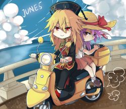 Rule 34 | 2girls, animal ears, black dress, black hat, blonde hair, blue sky, bow, brown hat, chibi, cloud, commentary request, day, dress, hair between eyes, hat, hat bow, hat ribbon, jiuliu3, junko (touhou), motor vehicle, multiple girls, multiple riders, no nose, ocean, purple hair, rabbit ears, red bow, red eyes, red ribbon, red skirt, reisen udongein inaba, ribbon, riding, scooter, shirt, short sleeves, sidesaddle, sitting, skirt, sky, smile, touhou, white shirt