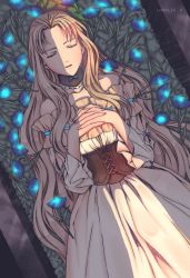 Rule 34 | 1girl, bare shoulders, blonde hair, choker, closed eyes, closed mouth, coffin, corset, death, dress, flower, from above, glowing, gown, highres, long hair, lying, mary magdalene (chrono crusade), parted bangs, solo, very long hair, wavy hair