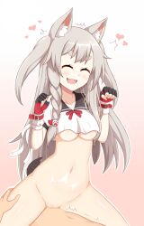 Rule 34 | 1boy, 1girl, animal ears, azur lane, bottomless, bow, breasts, claw pose, cowgirl position, crop top, crop top overhang, grey hair, heart, highres, medium breasts, non-web source, ohno, red bow, red eyes, sex, shirt, smile, straddling, tail, underboob, vaginal, white shirt, wolf ears, wolf girl, wolf tail, yuudachi (azur lane)