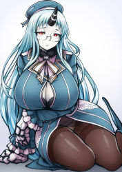 Rule 34 | 1girl, abyssal ship, atago (kancolle), atago (kancolle) (cosplay), bespectacled, black bra, black pantyhose, blush, bra, bra peek, breasts, claws, cleavage, cosplay, female focus, glasses, hat, horns, huge breasts, kantai collection, lace, lace-trimmed bra, lace trim, large breasts, long hair, looking at viewer, military, military uniform, pale skin, panties, panties under pantyhose, pantyhose, pantyshot, parted lips, pas (paxiti), red eyes, seaport princess, semi-rimless eyewear, single horn, sitting, solo, thighband pantyhose, under-rim eyewear, underwear, uniform, white hair, yokozuwari