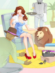 Rule 34 | 1girl, animification, bow, bowtie, breasts, brown hair, cleavage, closed eyes, cocktail glass, cowardly lion, cup, dorothy gale, dress, drinking glass, elise trinh, feet, hat, high heels, lion, long hair, medium breasts, puffy sleeves, scarecrow (twooz), shoes, single shoe, the wizard of oz, tin man, unmoving pattern, x-chan-