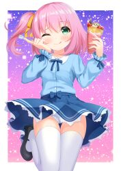 Rule 34 | 1girl, 7fuji 06, blush, bow, collared shirt, crepe, food, fruit, green eyes, hair ribbon, hands up, high heels, highres, holding, holding food, holding spoon, long sleeves, neck ribbon, one eye closed, one side up, original, panties, pantyshot, pink hair, pocky, polka dot, polka dot panties, ribbon, shirt, shirt tucked in, skirt, smile, solo, spoon, standing, standing on one leg, star (sky), strawberry, thigh gap, thighhighs, tongue, tongue out, underwear