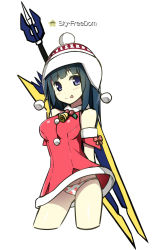 Rule 34 | 1girl, :p, arms behind back, artist name, bell, blush, breasts, cropped legs, highres, huge weapon, jingle bell, panties, phantasy star, phantasy star online 2, polka dot, polka dot panties, santa costume, simple background, sky-freedom, smile, solo, sword, tongue, tongue out, underwear, weapon, white background