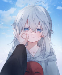 Rule 34 | 1boy, ahoge, androgynous, blue eyes, blue sky, capelet, cheek pull, chibi, chibi only, cloud, collarbone, colored eyelashes, commentary request, crossed bangs, day, final fantasy, final fantasy xiv, grey capelet, grey hair, hand on another&#039;s cheek, hand on another&#039;s face, highres, hoban rkgk, hood, hood down, hooded capelet, korean commentary, long sleeves, looking at viewer, male focus, mask, mask around neck, medium hair, out of frame, outdoors, pov, pov hands, sky, solo focus, sweatdrop, themis (ff14), unworn mask, upper body