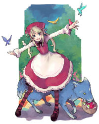 Rule 34 | 1girl, big bad wolf, bird, blonde hair, dress, grimm&#039;s fairy tales, little red riding hood, little red riding hood (grimm), pantyhose, solo, striped clothes, striped pantyhose, thighhighs, wolf, youhei (artist)
