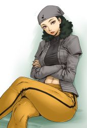 Rule 34 | 1girl, beanie, black hair, black shirt, breasts, brown hair, crossed arms, crossed legs, curly hair, hat, highres, jacket, lips, looking at viewer, mayuzumi yukino, medium breasts, midriff, navel, open clothes, open jacket, pants, persona, persona 2, shirt, sitting, solo, tobatoinu, yellow pants