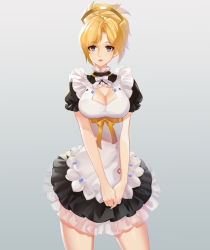 Rule 34 | 1girl, absurdres, alternate costume, apron, bad id, bad pixiv id, blonde hair, blue eyes, bow, breasts, cleavage, collar, contrapposto, cowboy shot, detached collar, enmaided, eyebrows, frilled apron, frilled collar, frilled shirt collar, frilled skirt, frilled sleeves, frills, gradient background, halo, headgear, highres, large breasts, lips, lipstick, littleamber, looking at viewer, maid, maid apron, makeup, mechanical halo, mercy (overwatch), overwatch, overwatch 1, own hands together, parted lips, ponytail, puffy short sleeves, puffy sleeves, red lips, ribbon, short hair, short sleeves, skirt, smile, solo, standing, v arms, waist apron, white bow, yellow ribbon