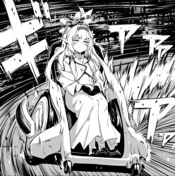 Rule 34 | 1girl, blue archive, blunt bangs, blush, breasts, closed mouth, commentary, drifting, flower, full body, gloves, hair flower, hair ornament, halo, headband, himari (blue archive), initial d, jacket, long hair, moeki yuuta, monochrome, motion lines, parody, pointy ears, road, sitting, small breasts, smug, solo, street, uniform, wheelchair