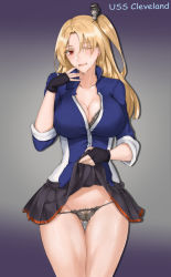 Rule 34 | 1girl, absurdres, alternate breast size, artist request, azur lane, bad id, bad pixiv id, black bra, black panties, blonde hair, bra, breasts, cleavage, cleveland (azur lane), cowboy shot, cum, cumdrip, female pubic hair, finger to mouth, highres, large breasts, laserflip, licking lips, lifting own clothes, lingerie, lips, long hair, looking at viewer, miniskirt, panties, pleated skirt, pubic hair, pussy juice, red eyes, skirt, sleeves rolled up, smile, solo, thigh gap, tongue, tongue out, underwear