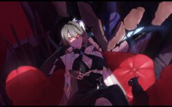 1girl absurdres black_cat breasts cat closed_mouth commentary_request crossed_legs expressionless feet_out_of_frame gloves grey_hair hair_between_eyes hair_ornament highres honkai_(series) honkai_impact_3rd letterboxed long_hair looking_at_viewer mecha red_eyes robot sitting solo sukuuro vita_(honkai_impact) yellow_pupils