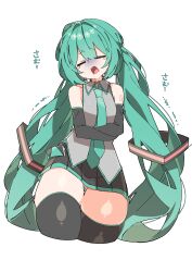 Rule 34 | 1girl, absurdres, aqua hair, aqua necktie, aqua skirt, black sleeves, blush, closed eyes, crossed arms, curvy, gluteal fold, grey shirt, hands on own stomach, hatsune miku, highres, long hair, miniskirt, necktie, open mouth, shirt, skindentation, skirt, solo, tearing up, thick thighs, thighhighs, thighs, twintails, two-tone ribbon, uruti 2388, very long hair, vocaloid, white background, wide hips, zettai ryouiki