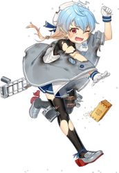 Rule 34 | 1girl, ahoge, ankle ribbon, arm up, artist request, black pantyhose, blue ribbon, bodysuit, burnt clothes, clenched hand, coat, crying, damaged, dropping, fleeing, full body, gloves, gradient hair, hat, kantai collection, leg ribbon, loafers, multicolored hair, official art, one eye closed, open mouth, outstretched arm, pantyhose, poncho, red eyes, ribbon, rigging, rudder footwear, running, sado (kancolle), sailor hat, setsubun, shoes, skirt, solo, soybean, torn bodysuit, torn clothes, torn pantyhose, transparent background, twintails, wavy mouth, white gloves, wooden box