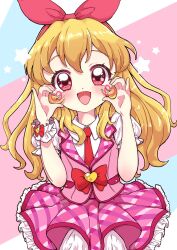 Rule 34 | 1girl, :d, aikatsu!, aikatsu! (series), blonde hair, blush, bow, commentary, frilled skirt, frills, hair bow, hairband, hands up, heart, highres, hoshimiya ichigo, idol clothes, long hair, looking at viewer, mrh maruhi, necktie, open mouth, pink skirt, pink vest, puffy short sleeves, puffy sleeves, red bow, red eyes, red hairband, red necktie, shirt, short sleeves, skirt, smile, solo, star (symbol), symbol-only commentary, vest, white shirt, wrist cuffs