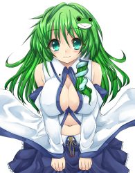 Rule 34 | 1girl, aqua eyes, blush, breasts, cleavage cutout, clothing cutout, detached sleeves, female focus, frog hair ornament, green hair, hair ornament, highres, kochiya sanae, large breasts, long hair, meido yomi, navel, simple background, smile, snake hair ornament, solo, touhou, white background