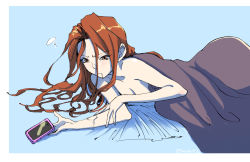 Rule 34 | 10s, 1girl, aqua background, blanket, bleary, blue background, breasts, brown eyes, brown hair, cellphone, cleavage, covering privates, covering breasts, drooling, hip focus, idolmaster, idolmaster cinderella girls, messy hair, nude, phone, saliva, simple background, sketch, sleeping nude, smartphone, solo, twitter username, under covers, waking up, watanukin (etson122127), zaizen tokiko