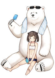 Rule 34 | 1girl, animal, bare arms, bare legs, bare shoulders, barefoot, bear, blue shorts, blush, brown eyes, brown hair, camisole, closed mouth, collarbone, commentary request, crop top, double bun, eyewear on head, food, hair bun, holding, holding food, kurata rine, looking at viewer, navel, original, polar bear, popsicle, short hair, short shorts, shorts, side bun, sidelocks, simple background, sitting, soles, solo, striped, striped towel, sunglasses, towel, towel around neck, twintails, white background, white camisole