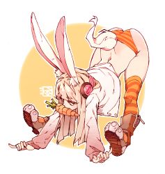 Rule 34 | 1girl, animal ear fluff, animal ears, bent over, boots, brown footwear, brown hair, carrot, dated, fingernails, food, food in mouth, headphones, highres, light brown hair, long hair, mouth hold, orange eyes, original, outline, panties, poch4n, rabbit girl, rabbit tail, signature, solo, striped clothes, striped legwear, striped panties, striped thighhighs, tail, thighhighs, underwear, white outline, zipper