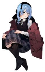 Rule 34 | 1girl, absurdres, adapted costume, alternate costume, beret, black hat, black vest, blue eyes, blue hair, boots, coat, earrings, eyelashes, full body, fur collar, hair ornament, hairclip, hat, highres, hololive, hoshimachi suisei, invisible chair, jewelry, knee boots, knees up, lace, lace-trimmed ribbon, lace trim, light smile, long hair, looking at viewer, mania (fd6060 60), off-shoulder coat, off shoulder, open clothes, open coat, plaid, plaid skirt, red coat, ribbon, ringlets, shirt, side ponytail, simple background, sitting, skirt, solo, star (symbol), star hair ornament, stud earrings, turning head, vest, virtual youtuber, wavy hair, white background, white shirt, winter clothes, winter coat