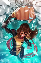 Rule 34 | 1girl, black dress, black gloves, black pantyhose, breasts, broken glass, brown eyes, brown hair, clenched hand, comic cover, commentary, cover image, dark-skinned female, dark skin, domino mask, dress, english commentary, fingerless gloves, glass, gloves, highres, kamala khan, logo, long hair, lukas werneck, marvel, mask, medium breasts, ms. marvel, official art, one eye closed, pantyhose, parted lips, punching, signature, smile, solo, stretched limb, superhero costume, textless version, v, western comics (style), x-men