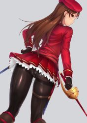 Rule 34 | 1girl, absurdres, ass, beret, black gloves, black pantyhose, boots, brown eyes, brown hair, commentary, crotch seam, gloves, grey background, hand on own hip, hat, highres, holding, holding sword, holding weapon, holster, knee boots, long hair, long sleeves, looking at viewer, looking back, original, panties, panties under pantyhose, pantyhose, rapier, simple background, skirt, solo, sword, thigh holster, thighband pantyhose, toriatto gununu, underwear, weapon