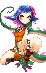 Rule 34 | 1girl, absurdres, bare shoulders, blue hair, bodypaint, breasts, flipped hair, flower, hair flower, hair ornament, highres, league of legends, reptile girl, neeko (league of legends), purple hair, tail, tank top, yellow eyes