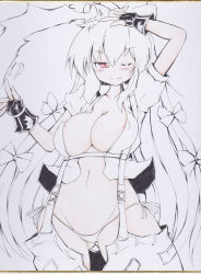 Rule 34 | 1girl, adapted costume, areola slip, arm up, blush, bow, breasts, cleavage, covered erect nipples, female focus, fingerless gloves, fire, fujiwara no mokou, gloves, groin, hair bow, large breasts, long hair, monochrome, okiraku nikku, one eye closed, panties, red eyes, revealing clothes, shikishi, side-tie panties, smile, solo, string panties, suspenders, touhou, traditional media, underwear, very long hair, wink