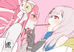 Rule 34 | 2girls, absurdres, bare shoulders, blush, commentary, english commentary, gloves, grabbing another&#039;s chin, hand on another&#039;s face, highres, hololive, hololive indonesia, kureiji ollie, kureiji ollie (mafia princess), landacdeus, leaning back, leaning forward, looking at another, multicolored hair, multiple girls, open mouth, pavolia reine, pocky day, red hair, signature, simple background, tongue, tongue out, virtual youtuber, white hair, yuri