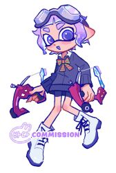 Rule 34 | 1girl, :o, commentary, commission, dapple dualies (splatoon), dual wielding, english commentary, full body, goggles, goggles on head, gun, holding, holding gun, holding weapon, inkling, inkling girl, inkling player character, knees together feet apart, nintendo, open mouth, pointy ears, purple eyes, purple hair, short hair, simple background, smile, solo, splatoon (series), splatoon 3, standing, tentacle hair, thick eyebrows, tokkibada, watermark, weapon, white background