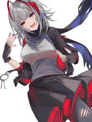 Rule 34 | 1girl, absurdres, antennae, arknights, arms up, black gloves, black jacket, black pantyhose, black skirt, breasts, feet out of frame, fingerless gloves, gloves, grey hair, grey shirt, highres, horns, jacket, long hair, looking at viewer, medium breasts, multicolored hair, nail polish, open clothes, open jacket, open mouth, orange eyes, pantyhose, parted lips, red nails, shirt, skirt, sleeves rolled up, smile, solo, standing, streaked hair, teeth, teizen (niwamaee), torn clothes, torn pantyhose, upper teeth only, w (arknights), white background
