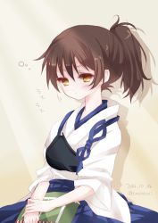 Rule 34 | 10s, 1girl, brown hair, highres, kaga (kancolle), kantai collection, koyoi (ruka), looking at viewer, muneate, pleated skirt, side ponytail, sitting, skirt, sleepy, solo, translation request, yellow eyes