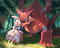 Rule 34 | :o, blue eyes, claws, closed mouth, colored skin, commentary request, creatures (company), fangs, forest, game freak, gen 6 pokemon, gen 7 pokemon, highres, humanoid robot, legendary pokemon, magearna, magearna (normal), mythical pokemon, nature, nintendo, no humans, on grass, open mouth, outdoors, pokemon, pokemon (creature), red eyes, red skin, robot, rongai28, skin fangs, sunlight, tree, volcanion