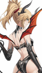 Rule 34 | 1girl, ass, back, bare shoulders, blonde hair, braid, breasts, demon horns, demon tail, demon wings, fate/apocrypha, fate (series), french braid, green eyes, highres, horns, long hair, looking at viewer, looking back, mordred (fate), mordred (fate/apocrypha), parted bangs, ponytail, sidelocks, small breasts, smile, solo, tail, tonee, wings