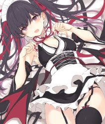 Rule 34 | 1girl, :o, apron, armpits, bare shoulders, black dress, black hair, black panties, black thighhighs, blush, breasts, cleavage, commentary request, demon wings, detached sleeves, dress, frilled dress, frills, garter belt, hair spread out, headdress, long hair, looking at viewer, lying, medium breasts, multicolored hair, nanananana, neck ribbon, on back, open mouth, original, panties, pink hair, red eyes, red ribbon, ribbon, solo, sweat, thighhighs, thighs, twintails, two-tone hair, underbust, underwear, waist apron, white apron, wide sleeves, wing collar, wings