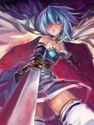 Rule 34 | 10s, 1girl, bare shoulders, black gloves, blue eyes, blue hair, breasts, cape, edobox, female focus, foreshortening, gloves, gradient background, magical girl, mahou shoujo madoka magica, mahou shoujo madoka magica (anime), matching hair/eyes, miki sayaka, open mouth, short hair, skirt, solo, sword, thighhighs, weapon, white thighhighs, zettai ryouiki
