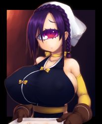 Rule 34 | 1girl, bare shoulders, braid, breasts, brown gloves, brown pants, covered erect nipples, cyclops, ear piercing, gaidou, gloves, gradient background, head scarf, hip vent, holding, huge breasts, lips, looking at viewer, meme redon, monster musume no oisha-san, one-eyed, open pants, pants, piercing, purple hair, red eyes, sideless outfit, simple background, solo, standing